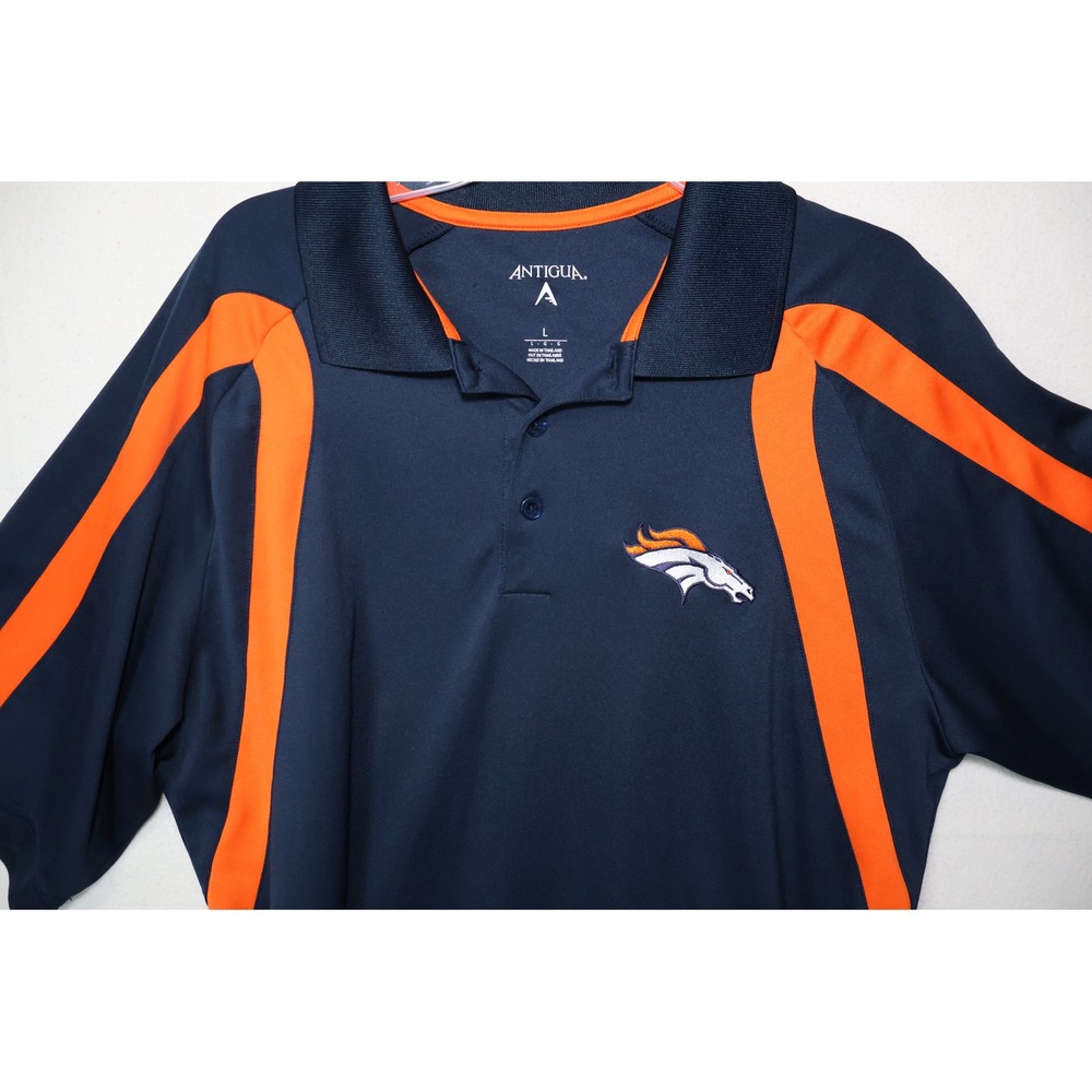 Antigua‎ Denver Broncos Mens Large Navy Blue Orange Performance Polo Shirt NFL